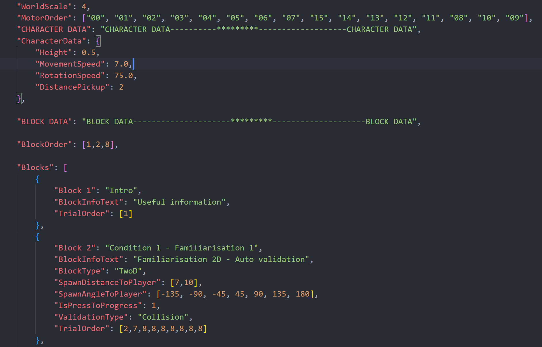 Screenshot of the experimental protocol file specifying the avatar and the experimental blocks' characteristics